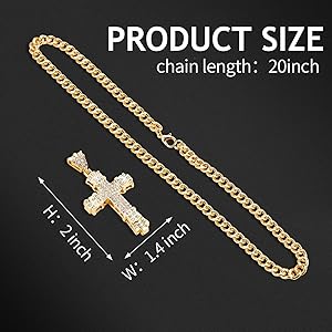 Pazciay Rhinestones Cuban Link Chain Necklace with CZ Cross
